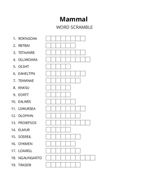 Mammal Word Scramble Puzzle