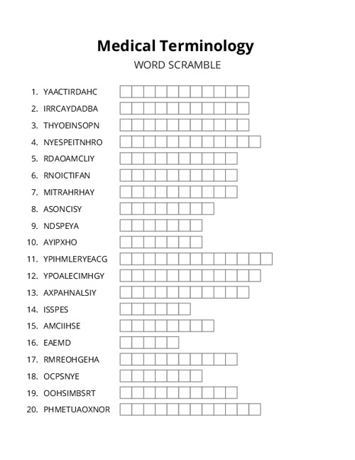 Medical Terminology Word Scramble Puzzle