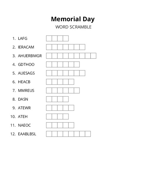 Memorial Day Word Scramble Puzzle