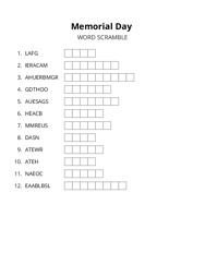 Memorial Day word scramble puzzle