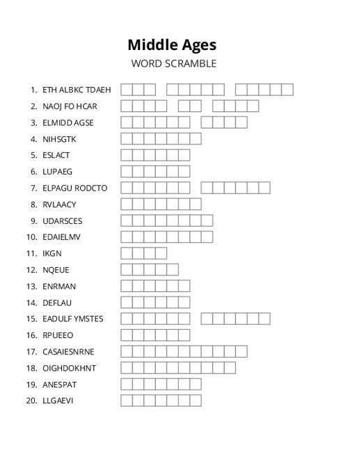 Middle Ages Word Scramble Puzzle