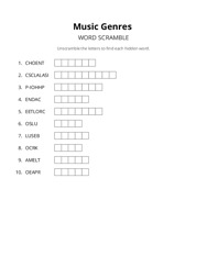 Music Genres word scramble puzzle