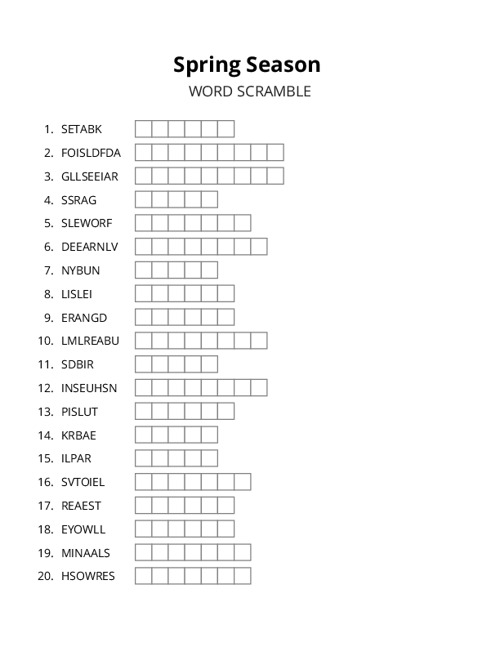 Spring Season Word Scramble Puzzle