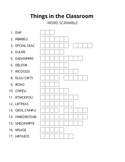 Things in the Classroom Word Scramble Puzzle