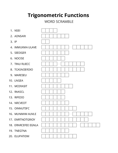 Trigonometric Functions Word Scramble Puzzle