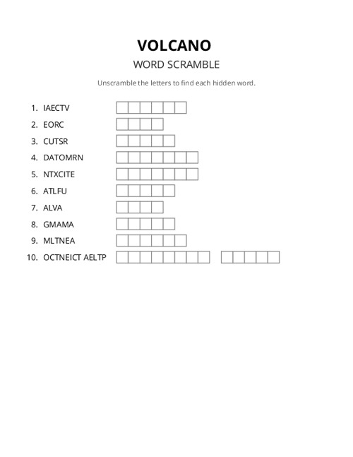 VOLCANO Word Scramble Puzzle
