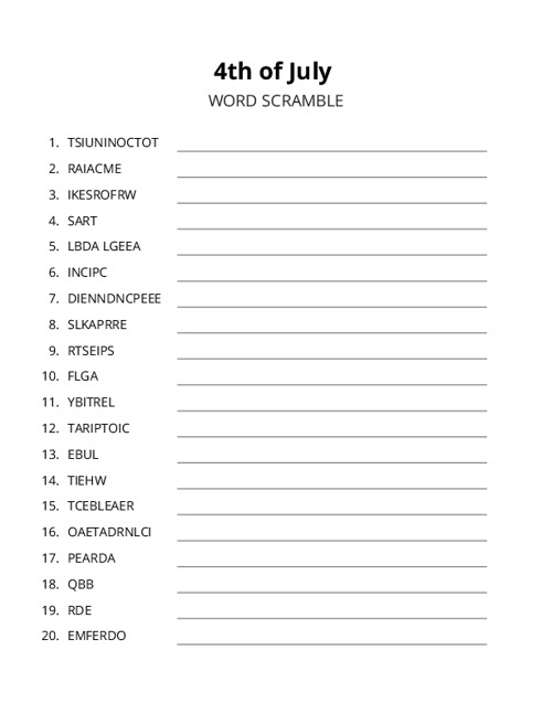 4th of July Word Scramble Puzzle