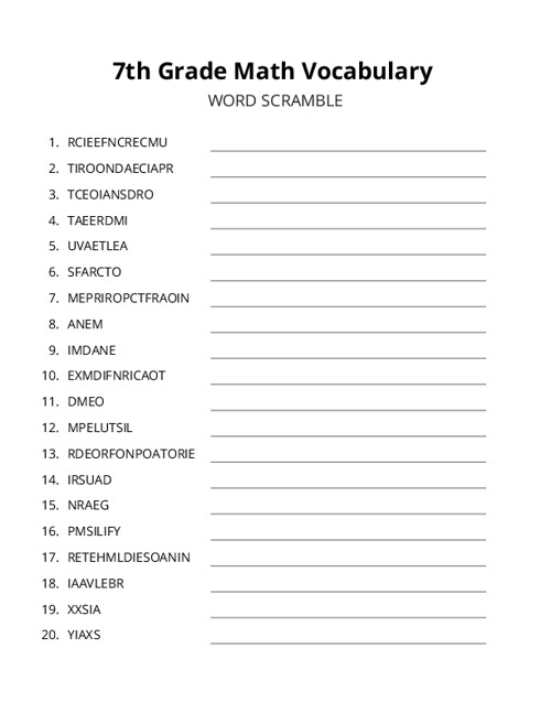 7th Grade Math Vocabulary Word Scramble Puzzle