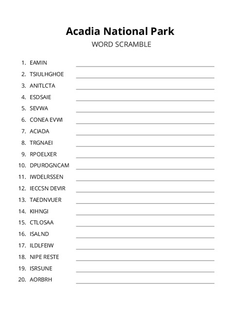 Acadia National Park Word Scramble Puzzle