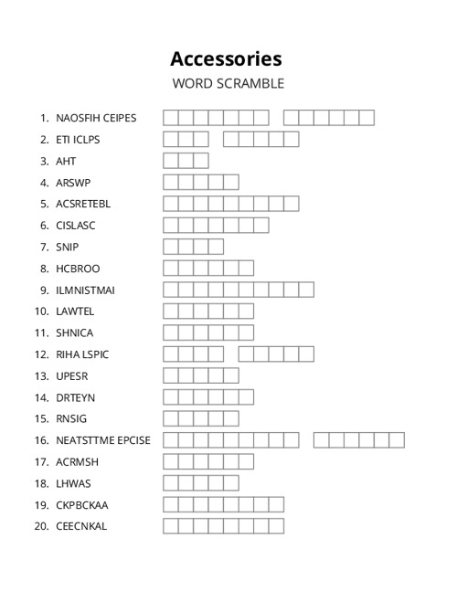 Accessories Word Scramble Puzzle