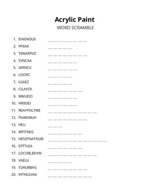 Acrylic Paint Word Scramble Puzzle