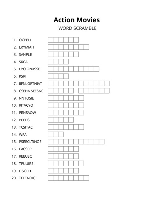 Action Movies Word Scramble Puzzle