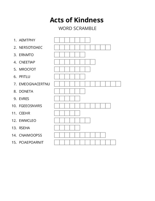 Acts of Kindness Word Scramble Puzzle