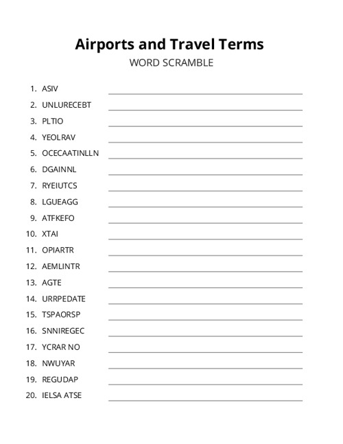 Airports and Travel Terms Word Scramble Puzzle