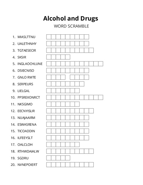 Alcohol and Drugs Word Scramble Puzzle