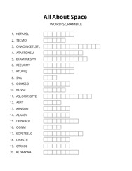 All About Space word scramble puzzle