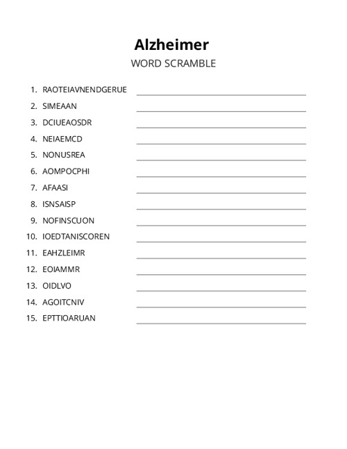 Alzheimer Word Scramble Puzzle