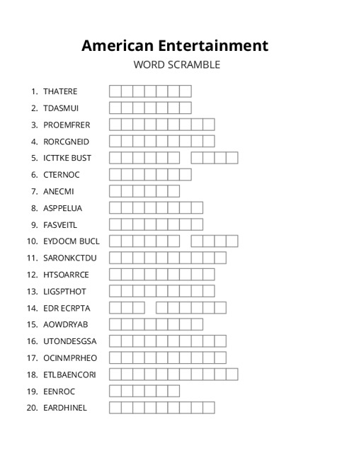 American Entertainment Word Scramble Puzzle