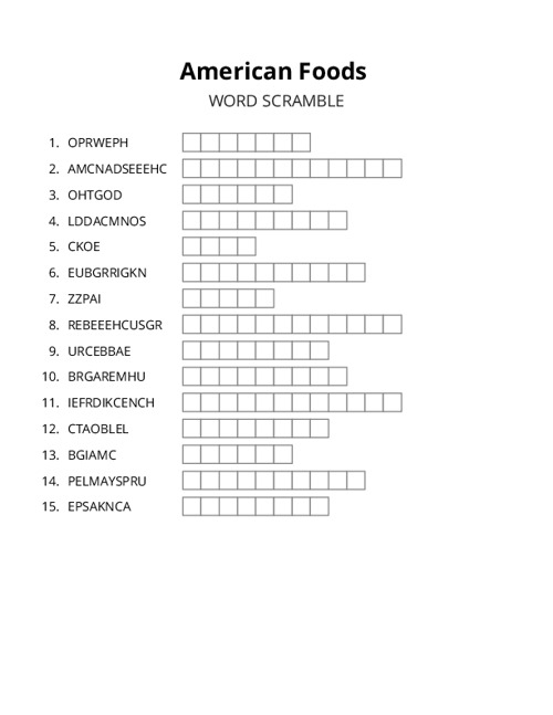 American Foods Word Scramble Puzzle