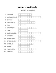 American Foods word scramble puzzle