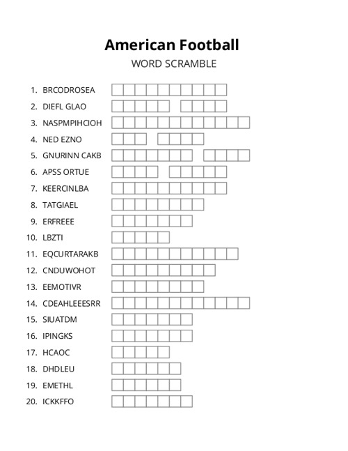 American Football Word Scramble Puzzle