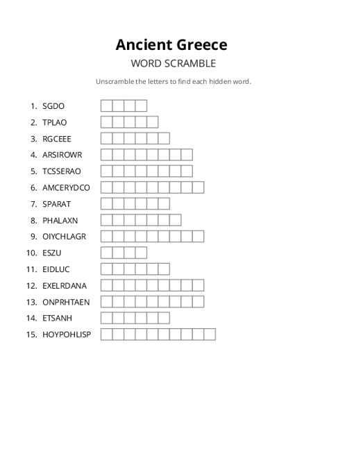 Ancient Greece Word Scramble Puzzle