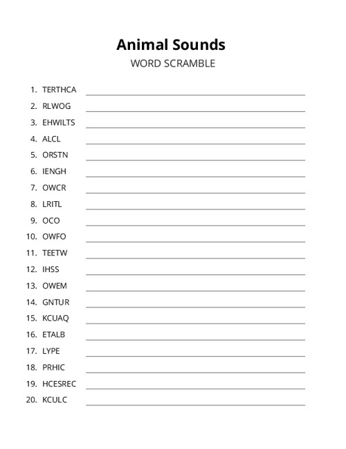 Animal Sounds Word Scramble Puzzle