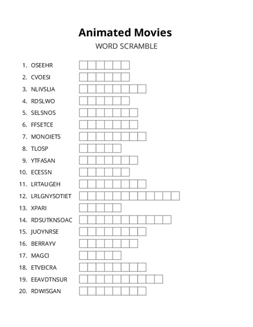 Animated Movies Word Scramble Puzzle