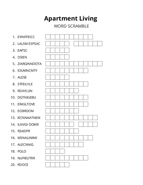 Apartment Living Word Scramble Puzzle