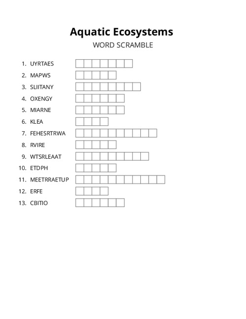 Aquatic Ecosystems Word Scramble Puzzle