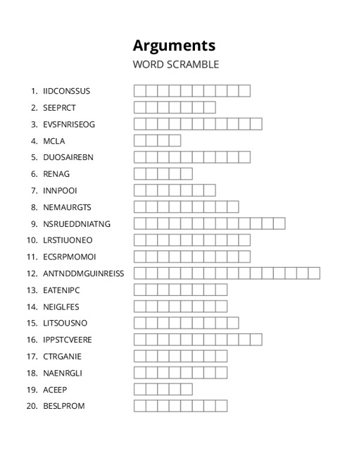 Arguments Word Scramble Puzzle