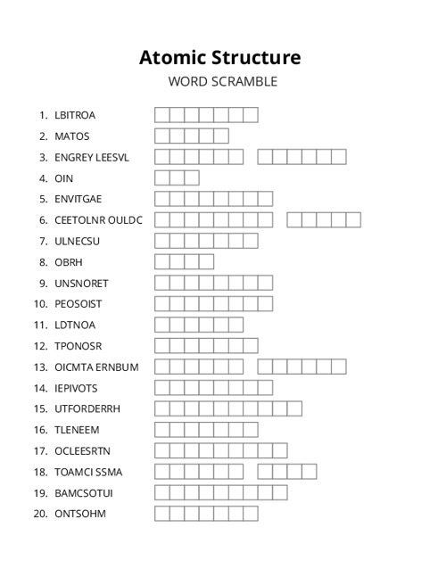 Atomic Structure Word Scramble Puzzle