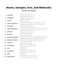 Atoms, Isotopes, Ions, and Molecules word scramble puzzle