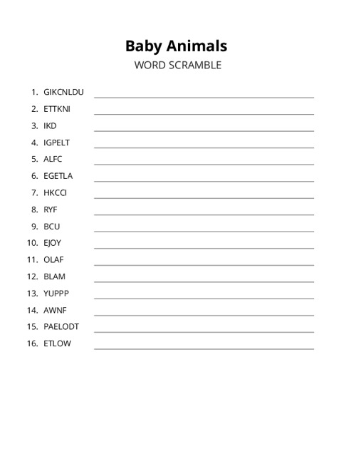 Baby Animals Word Scramble Puzzle