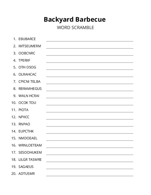 Backyard Barbecue Word Scramble Puzzle