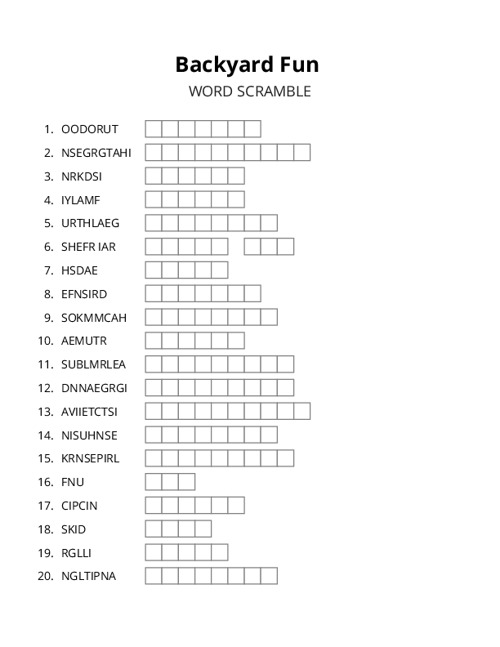 Backyard Fun Word Scramble Puzzle