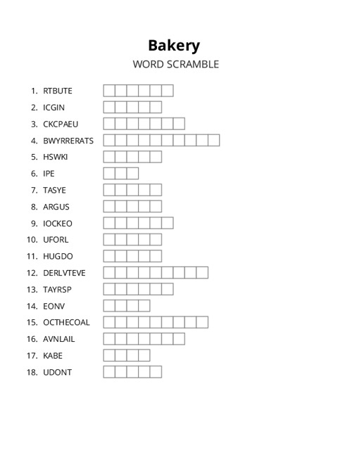 Bakery Word Scramble Puzzle