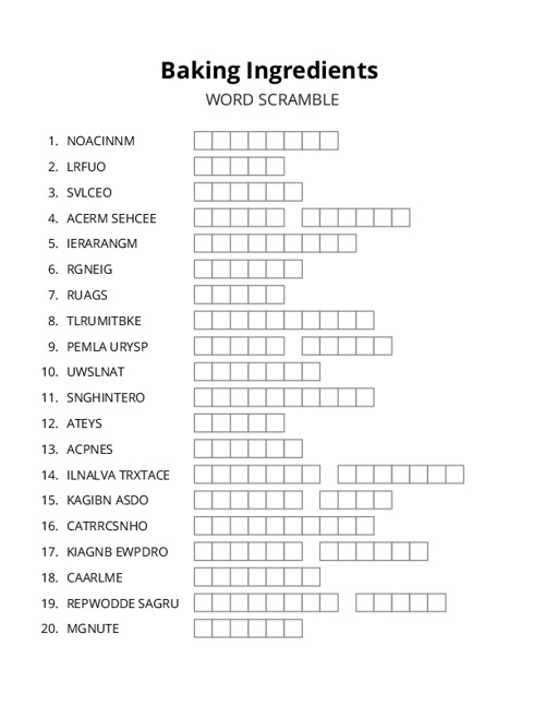 Baking Ingredients Word Scramble Puzzle