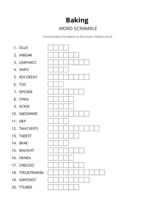 Baking Word Scramble Puzzle