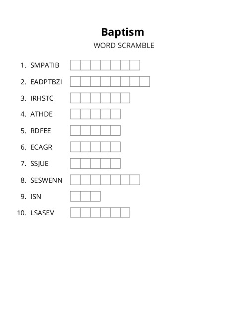 Baptism Word Scramble Puzzle