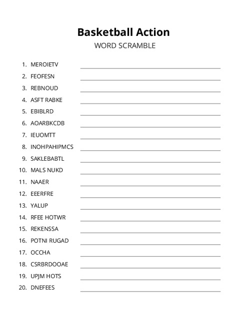 Basketball Action Word Scramble Puzzle
