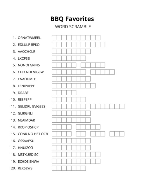 BBQ Favorites Word Scramble Puzzle