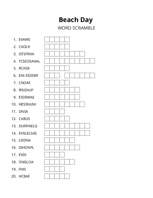 Beach Day Word Scramble Puzzle