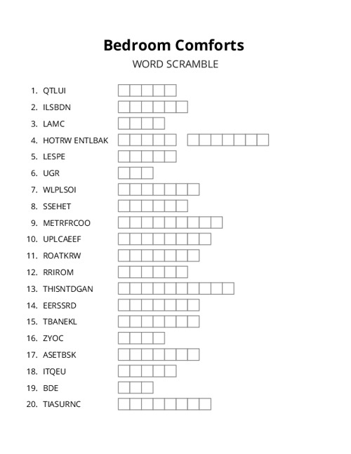 Bedroom Comforts Word Scramble Puzzle
