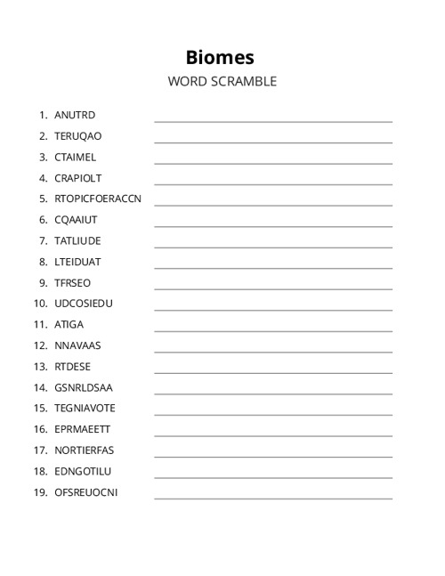 Biomes Word Scramble Puzzle