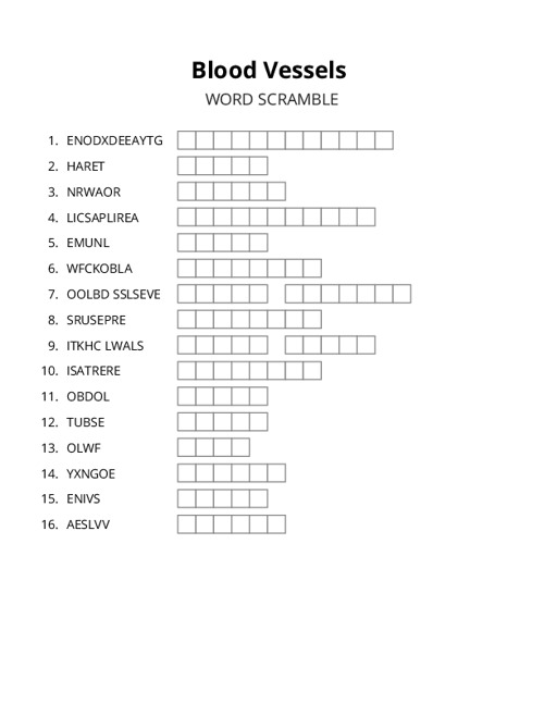 Blood Vessels Word Scramble Puzzle