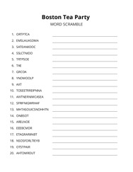 Boston Tea Party word scramble puzzle