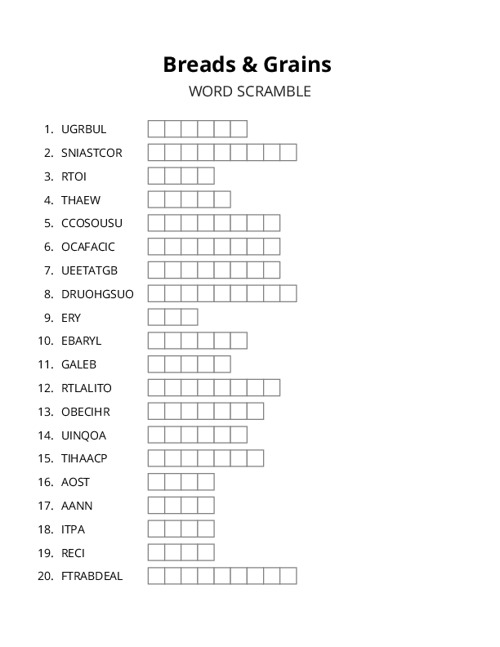 Breads & Grains Word Scramble Puzzle