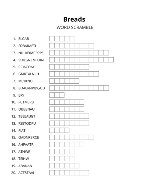 Breads Word Scramble Puzzle