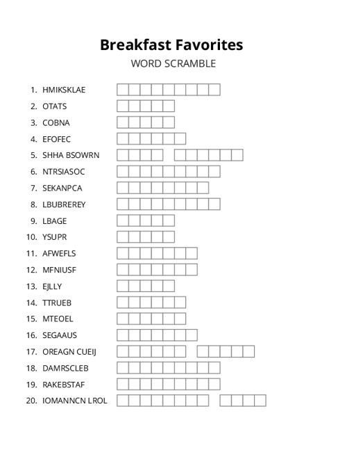 Breakfast Favorites Word Scramble Puzzle